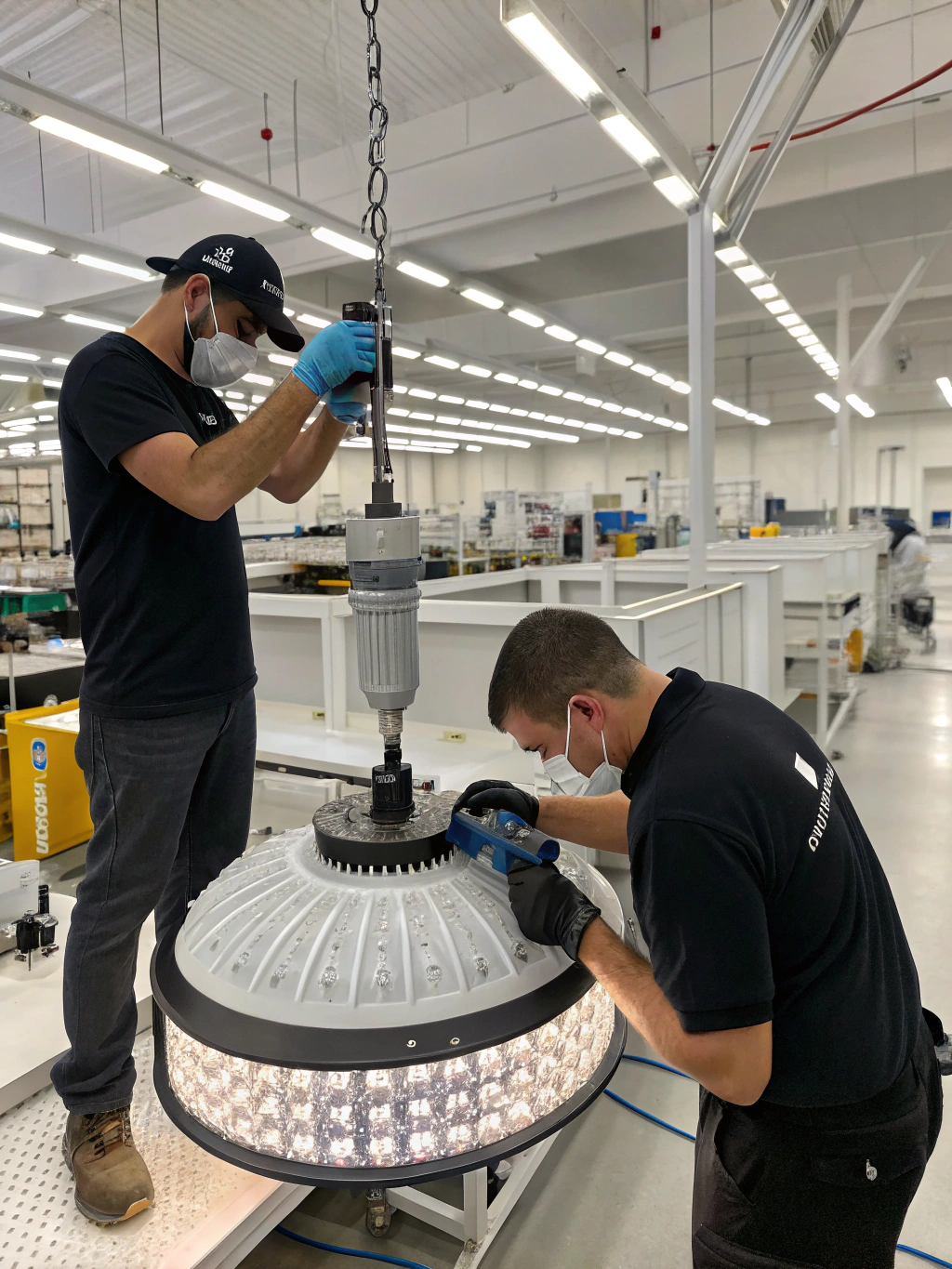 Artisan assembling brass and blown glass luminaire fixture in modern showroom workshop