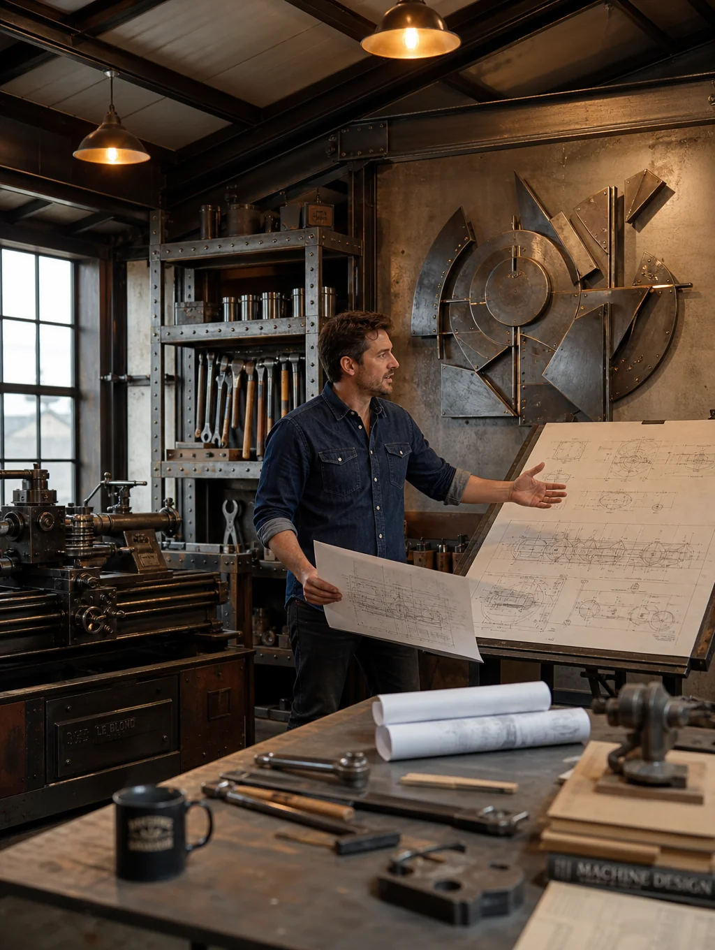 LUMEO lighting design studio showing architectural drafting tables and brass luminaire prototypes